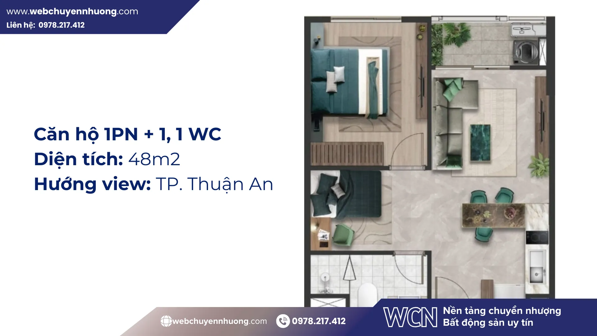 Căn 1PN+ có khu vực “+1” linh hoạt dùng làm phòng làm việc, đọc sách hoặc không gian cho trẻ nhỏ. Thiết kế open concept giúp căn hộ nhỏ nhưng vẫn rộng rãi, thoáng đãng hơn diện tích thực tế.
