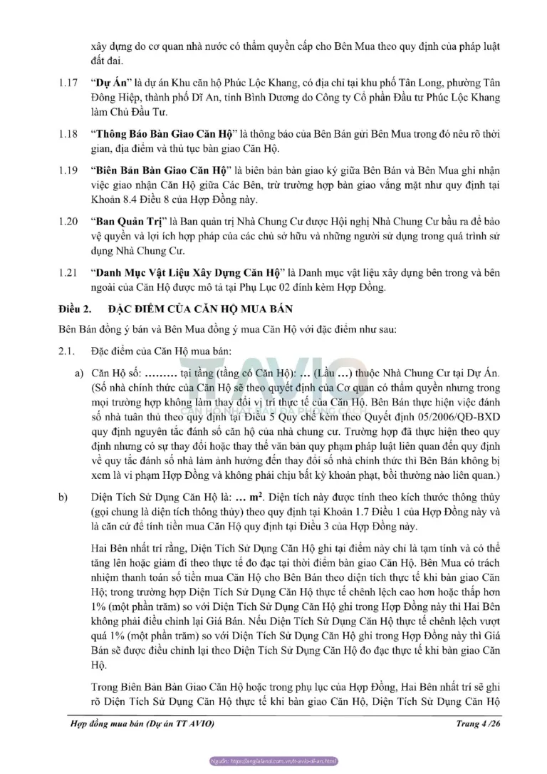 Điều 2 của hợp đồng mua bán căn hộ TT Avio quy định rõ thông tin và căn cứ pháp lý của căn hộ mà Bên Mua được quyền sở hữu, bao gồm diện tích, đặc điểm kỹ thuật và mục đích sử dụng.